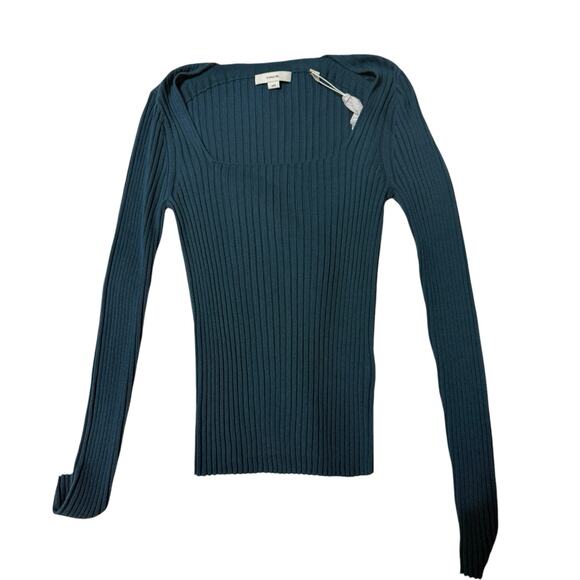NWT Vince Teal Ribbed Wool Scoop Neck Long Sleeve Top - Medium - Picture 3 of 7